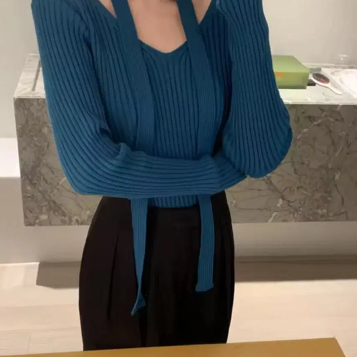 [BUNJANG] Obzest Tie V-Neck Knit Sweater / 오브제스트 타이 브이넥 니트