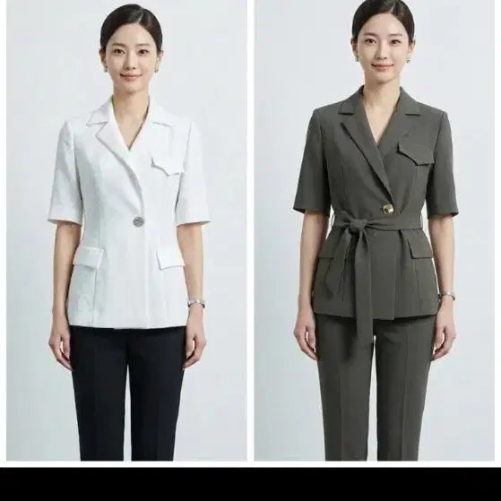 [BUNJANG] Doho Belted Jacket &amp; Slacks Set / Doho(도호)/  세련된 반소매 벨티드 자켓(화이트&amp;올리브그린) 세트