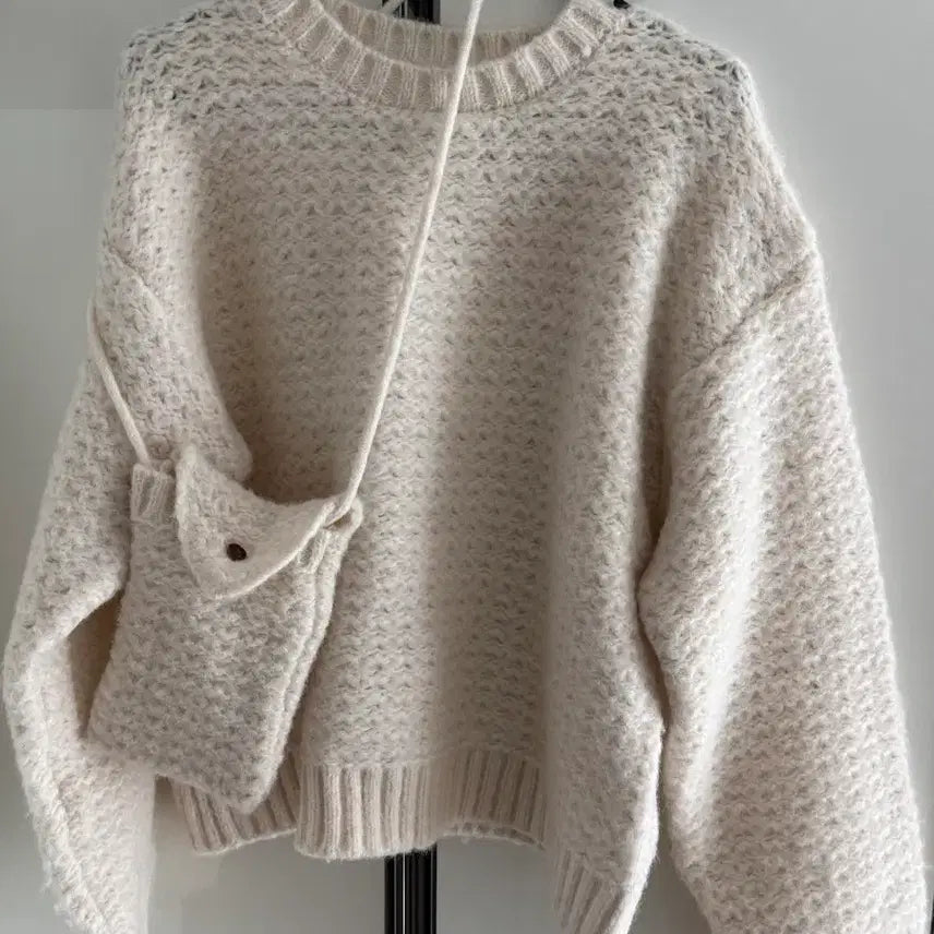 [BUNJANG] Zigzag Ivory Knit &amp; Pocket Bag Set / 지그재그 봄 아이보리 니트 &amp; 포켓 가방 세트 프리사이즈