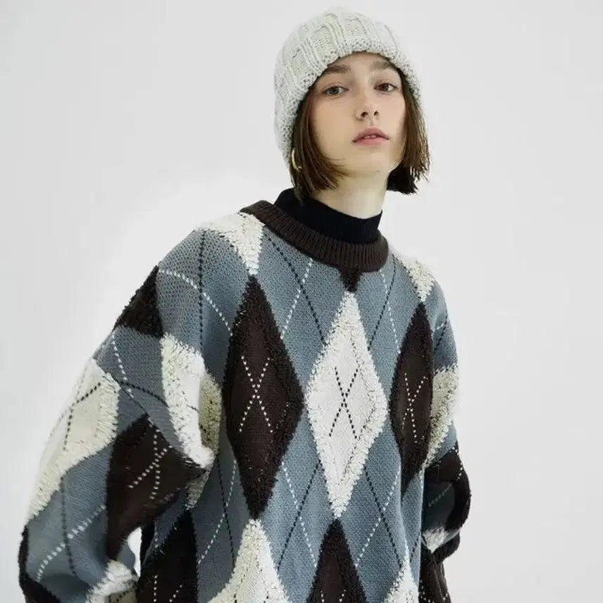 [BUNJANG] General Idea Argyle Oversized Knit Sweater / 제너럴아이디어 아가일 오버핏 니트 S