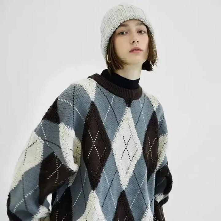 [BUNJANG] General Idea Argyle Oversized Knit Sweater / 제너럴아이디어 아가일 오버핏 니트 S
