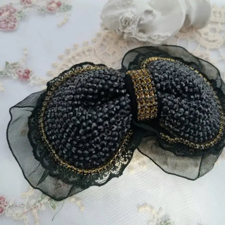[BUNJANG] Black Beaded Ribbon Hairpin / 블랙 비즈 리본 헤어핀(새상품)