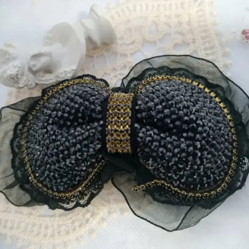 [BUNJANG] Black Beaded Ribbon Hairpin / 블랙 비즈 리본 헤어핀(새상품)