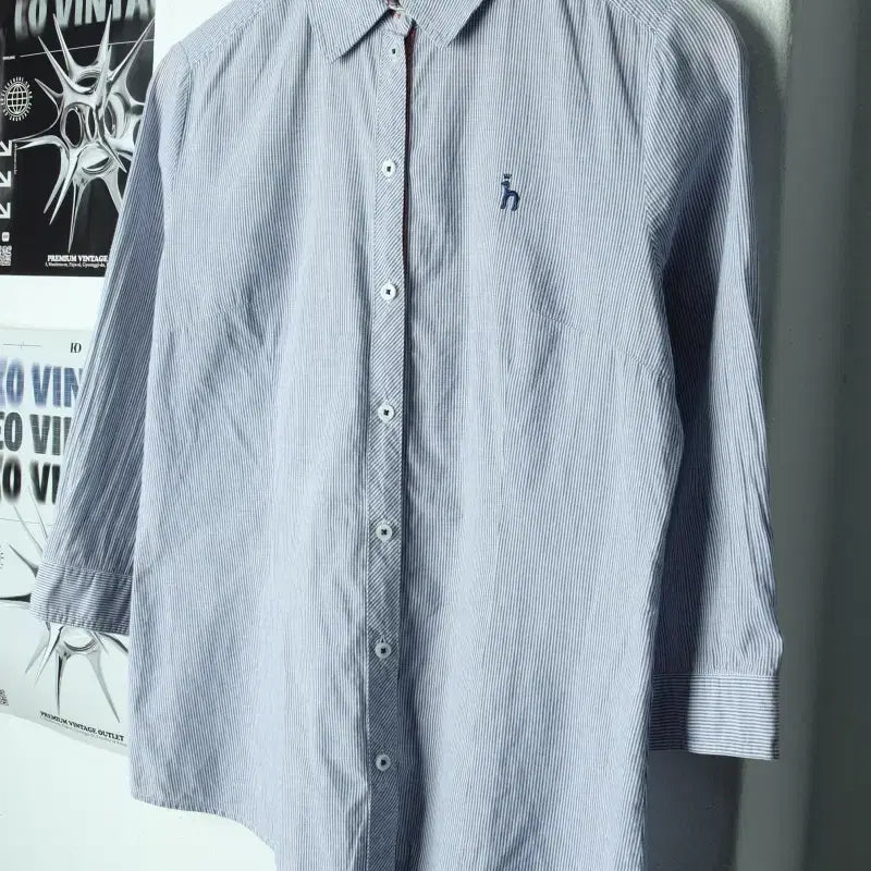[BUNJANG] Hazzys Striped 7-Part Sleeve Shirt / W(M) 헤지스 셔츠 남방 7부 스트라이프 연블루 아메카지-17BED