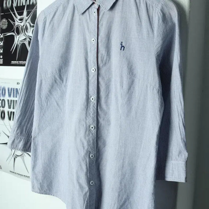 [BUNJANG] Hazzys Striped 7-Part Sleeve Shirt / W(M) 헤지스 셔츠 남방 7부 스트라이프 연블루 아메카지-17BED