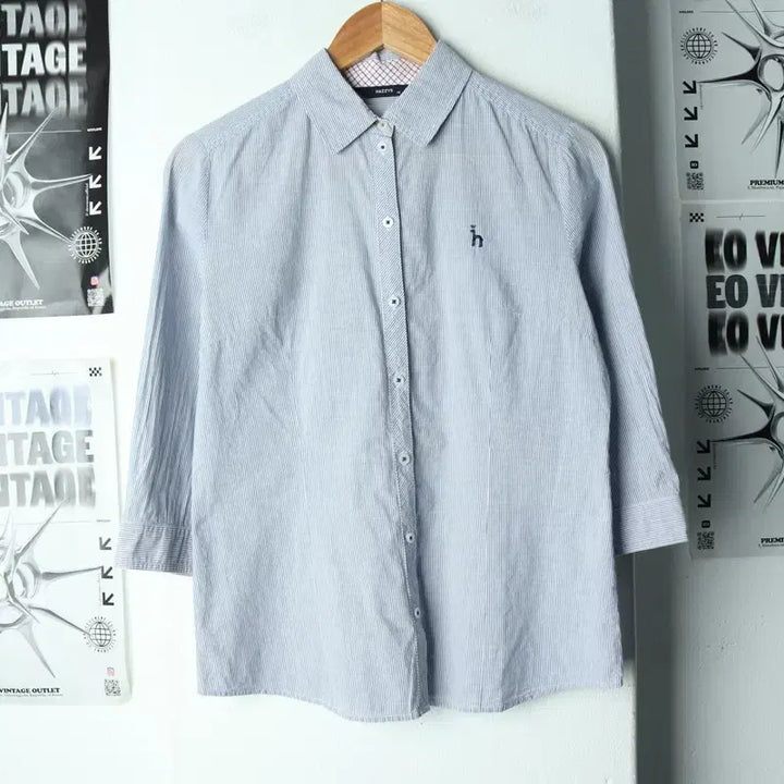 [BUNJANG] Hazzys Striped 7-Part Sleeve Shirt / W(M) 헤지스 셔츠 남방 7부 스트라이프 연블루 아메카지-17BED