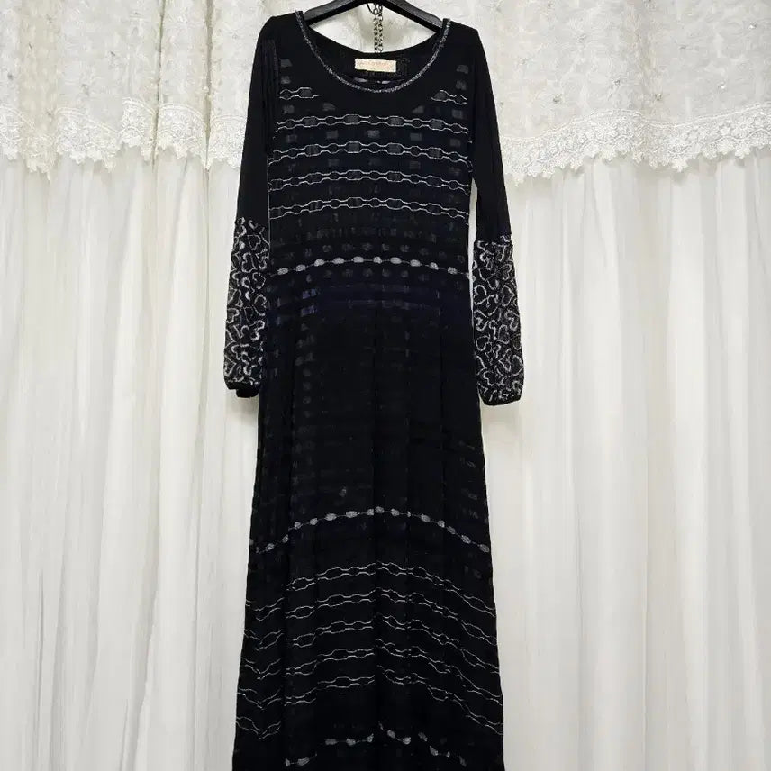 [BUNJANG] Black See-Through Pattern Long Dress / 시스루 패턴 롱원피스