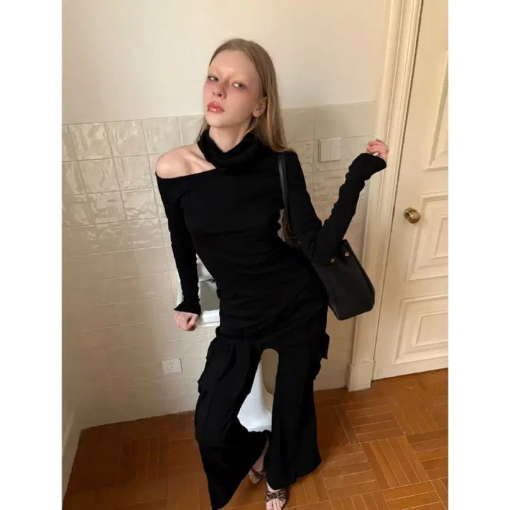 [BUNJANG] PASPAS Black Off-Shoulder Long Sleeve Base Layer Top / PASPAS 티셔츠 블랙 오프숄더 긴팔 베이스 레이어 탑