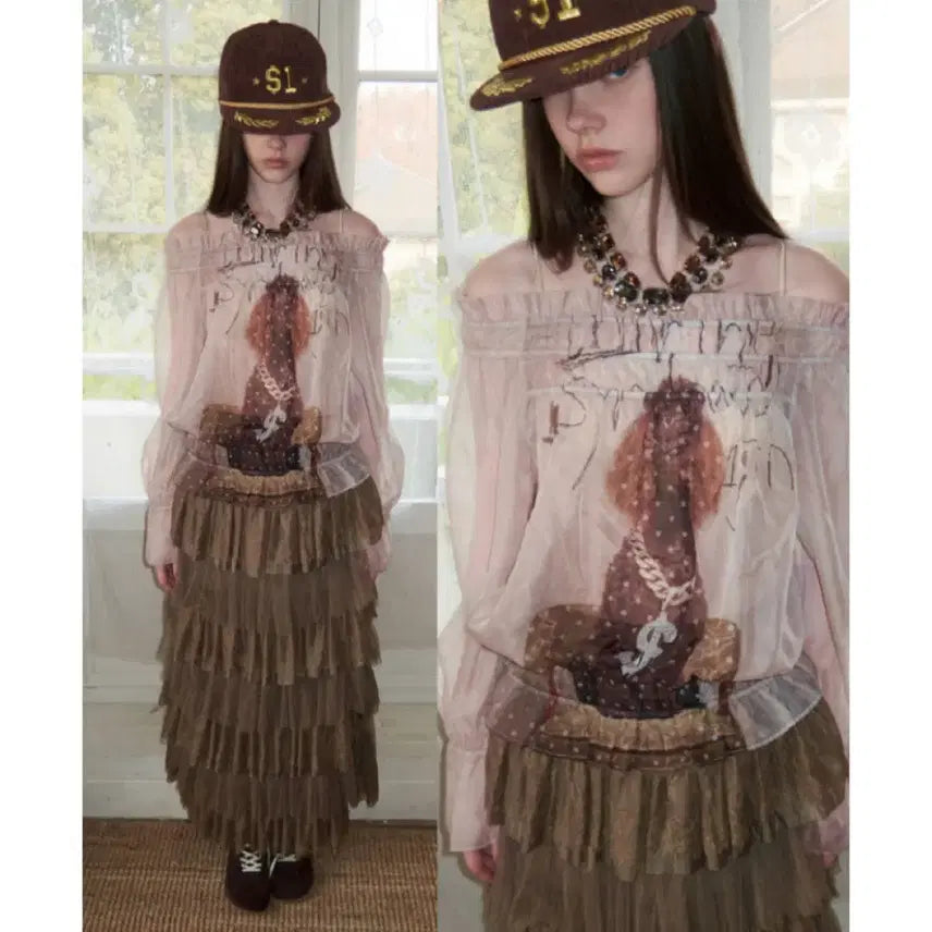 [BUNJANG] 1JINN STUDIO Off-Shoulder Sheer Chiffon Blouse / 1JINN STUDIO 원진스튜디오 블라우스 오프숄더 시스루 시폰
