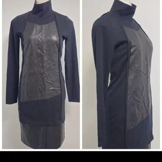 [BUNJANG] DEMOO (Park choon moo) Avant-garde Leather Detail Turtleneck Long Dress / 데무 / 아방가르드한 가죽 배색 터틀넥 롱티 66