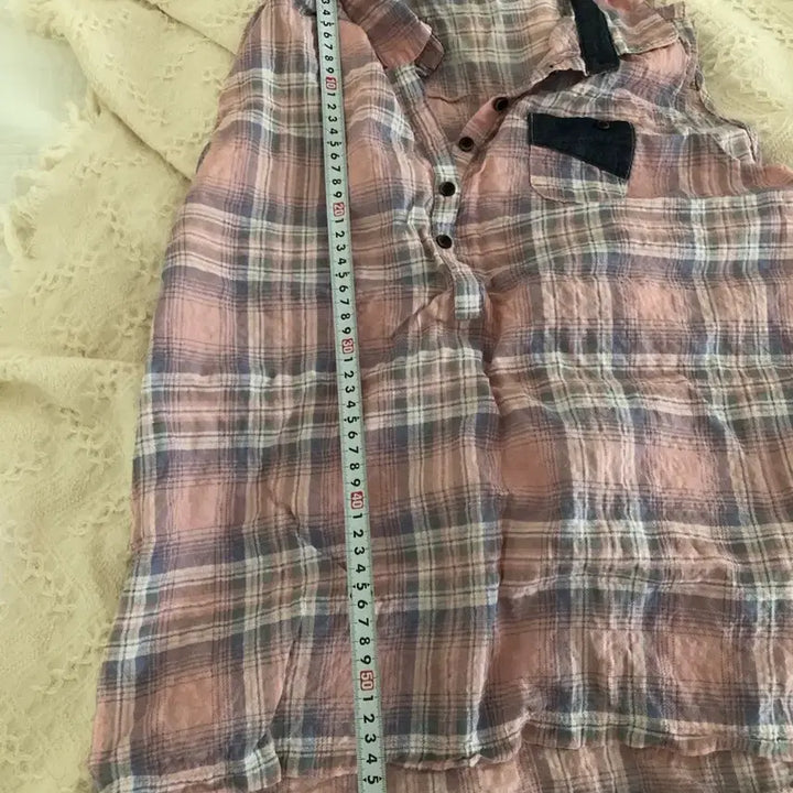 [BUNJANG] Pink Check Denim Point Shirt / 핑크 체크 남방 데님 포인트 셔츠