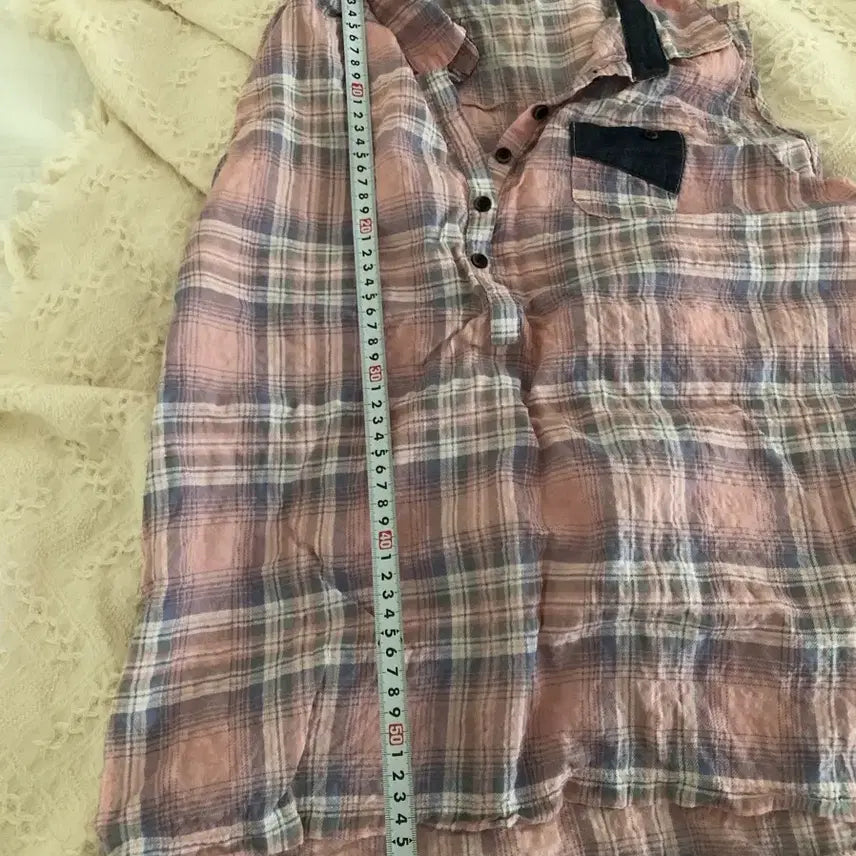 [BUNJANG] Pink Check Denim Point Shirt / 핑크 체크 남방 데님 포인트 셔츠