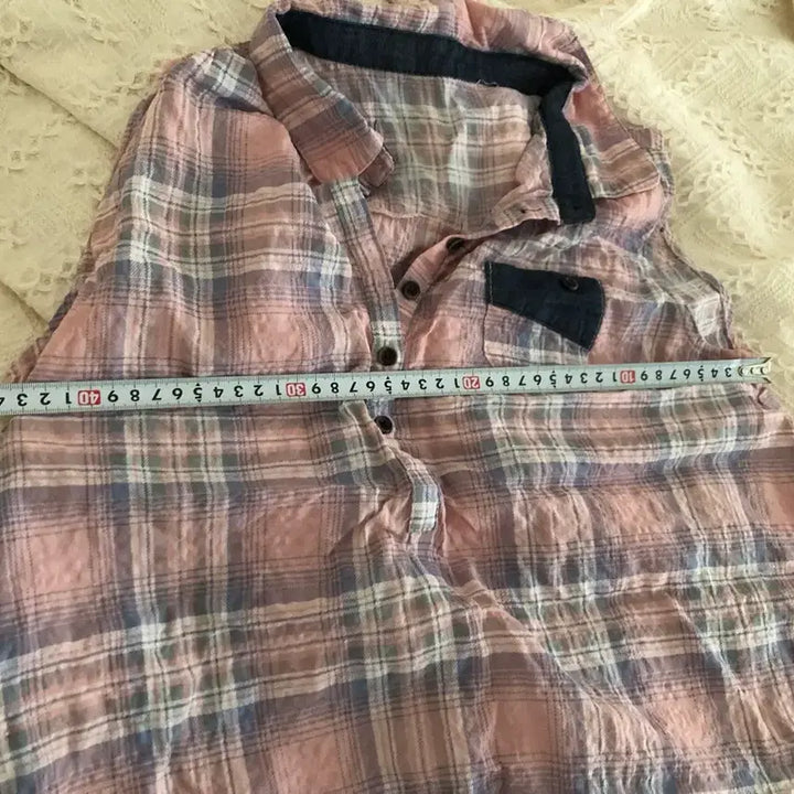 [BUNJANG] Pink Check Denim Point Shirt / 핑크 체크 남방 데님 포인트 셔츠