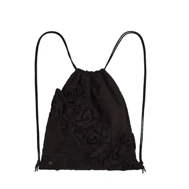 [BUNJANG] Salty Pebble Brown Flower Jacquard Drawstring Backpack / 솔티페블 브라운 플라워 장식 드로스트링 스트링 백팩 가방 자카드 포인트