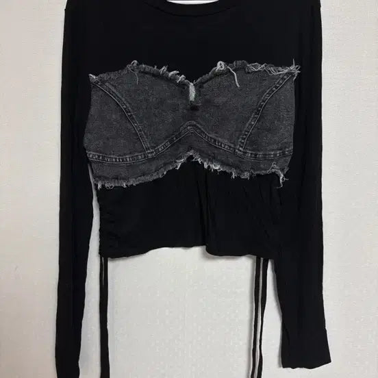 [BUNJANG] Black Denim Bra Top Design Long Sleeve Shirring T-shirt / (새상품) 블랙 데님 브라탑 디자인 일체형 긴팔 셔링 티셔츠 FREE