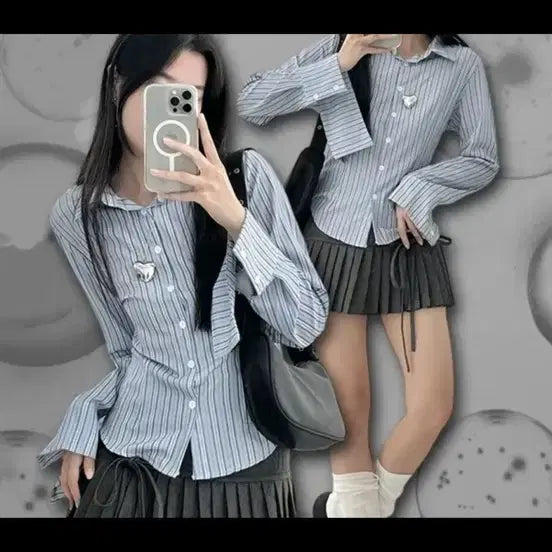 [BUNJANG] Sky Blue Striped Cuffs Shirt / (새상품) 허리라인 잡아주는 하늘색 스트라이프 커프스 셔츠