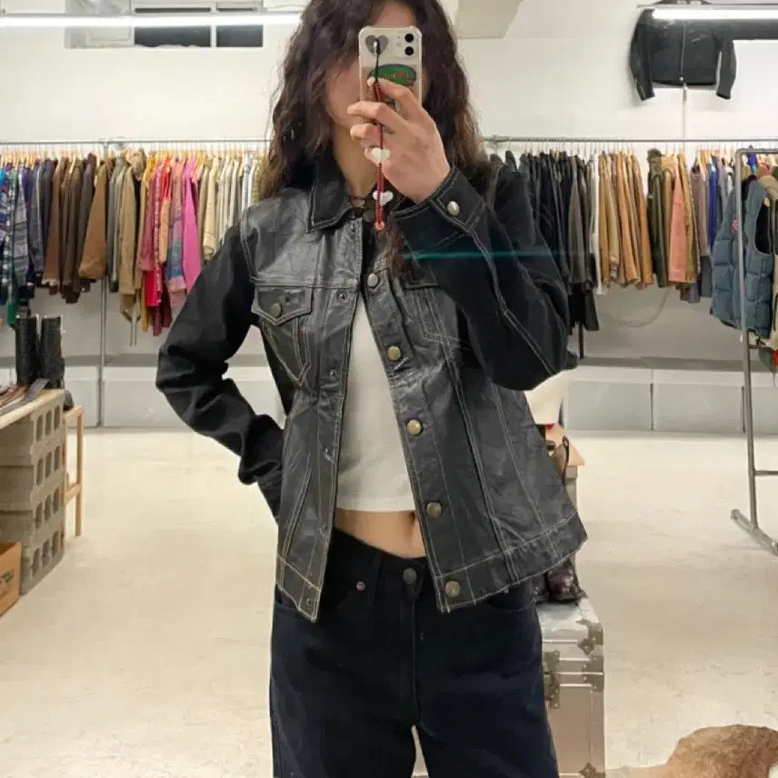 [BUNJANG] Vintage Japanese Real Leather Denim Trucker Jacket / 일본 빈티지 리얼레더 데님 트러커 자켓