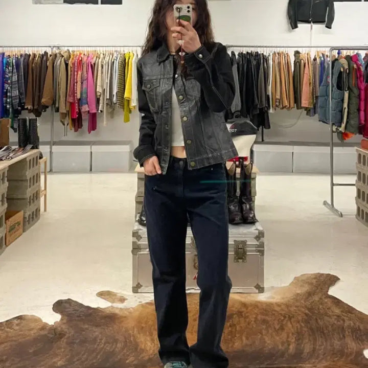 [BUNJANG] Vintage Japanese Real Leather Denim Trucker Jacket / 일본 빈티지 리얼레더 데님 트러커 자켓