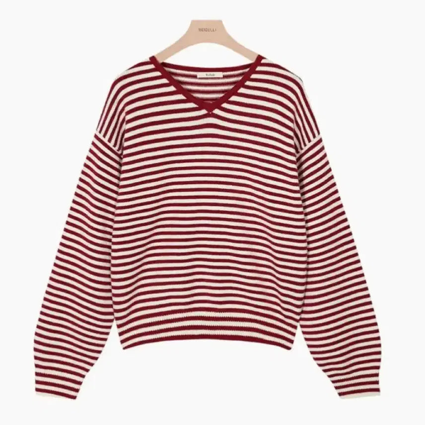 [BUNJANG] BEIDELLI Loose Fit Striped V-neck Knit Sweater / BEIDELLI 루즈핏 스트라이프 브이넥 니트