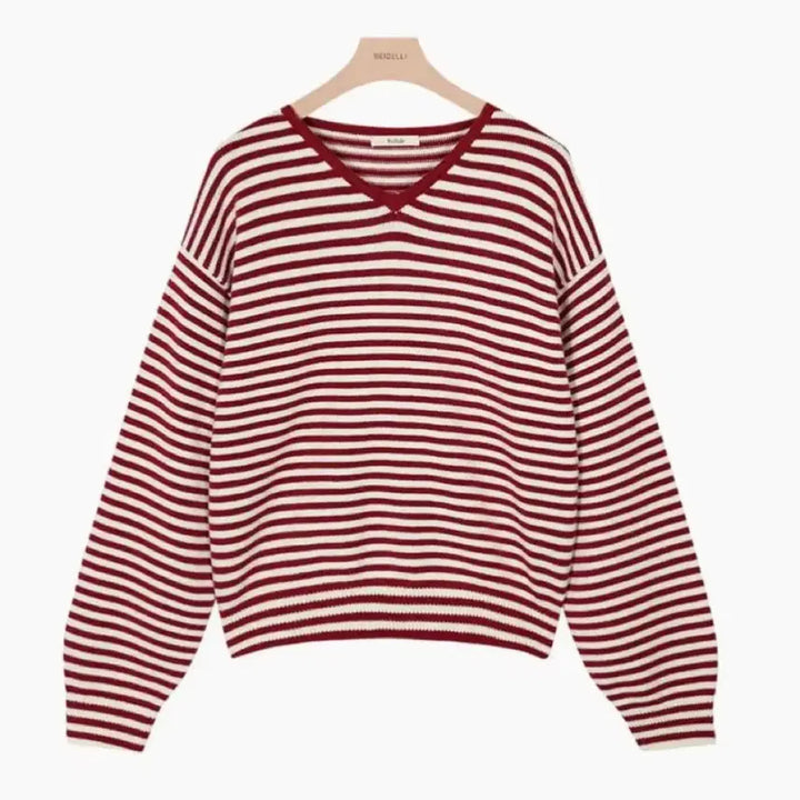 [BUNJANG] BEIDELLI Loose Fit Striped V-neck Knit Sweater / BEIDELLI 루즈핏 스트라이프 브이넥 니트