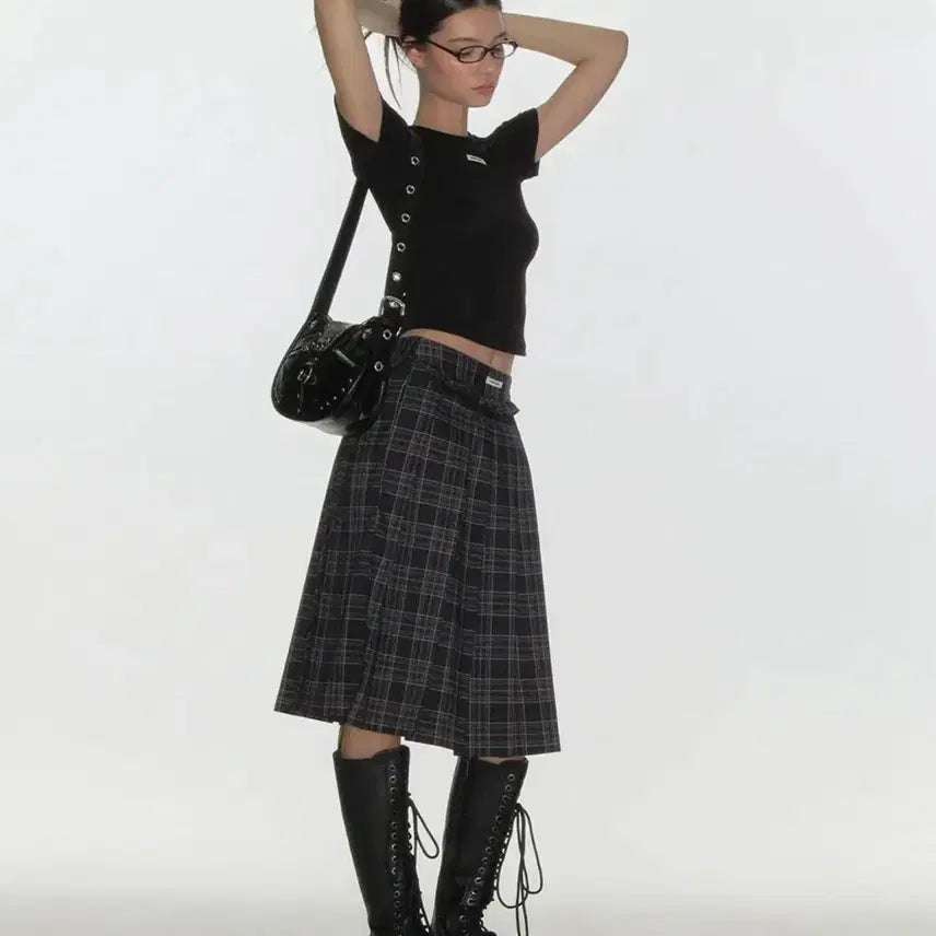 [BUNJANG] Crank Check Frill Pleats Midi Skirt / 크랭크 체크 프릴 플리츠 미디 스커트