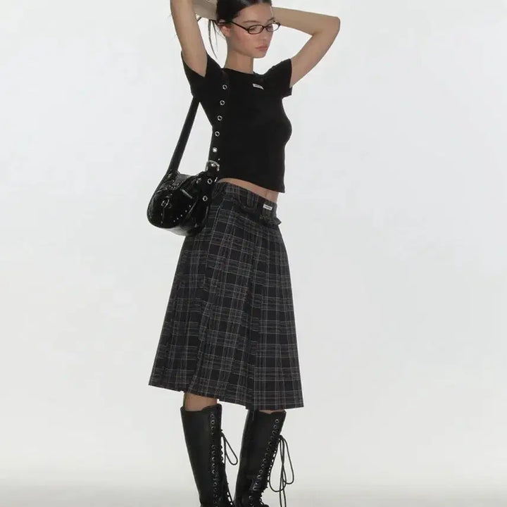 [BUNJANG] Crank Check Frill Pleats Midi Skirt / 크랭크 체크 프릴 플리츠 미디 스커트