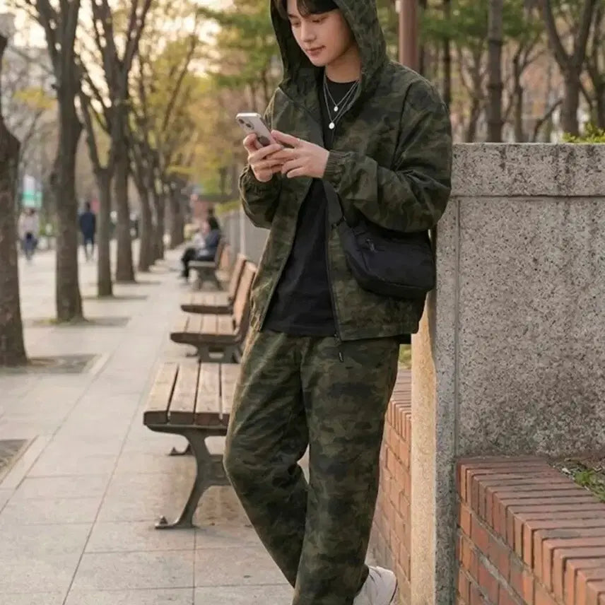 [BUNJANG] Military Camo Tactical Hooded Zip-up Wide Pants Set / 남자 아웃도어 밀리터리 카모 전술 후드 집업 와이드 팬츠 상하의세트