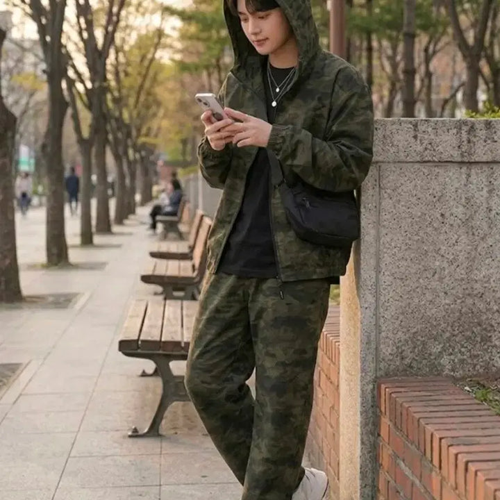 [BUNJANG] Military Camo Tactical Hooded Zip-up Wide Pants Set / 남자 아웃도어 밀리터리 카모 전술 후드 집업 와이드 팬츠 상하의세트