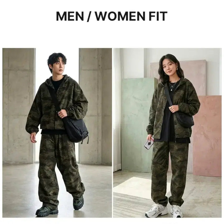 [BUNJANG] Military Camo Tactical Hooded Zip-up Wide Pants Set / 남자 아웃도어 밀리터리 카모 전술 후드 집업 와이드 팬츠 상하의세트