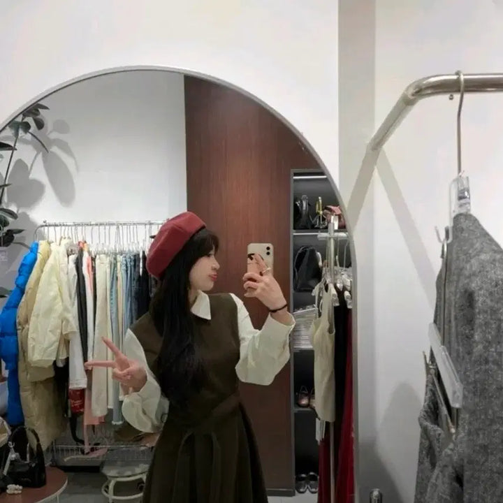 [BUNJANG] Brown Overall Dress and Blouse Set / 브라운 멜빵 원피스 + 블라우스 세트
