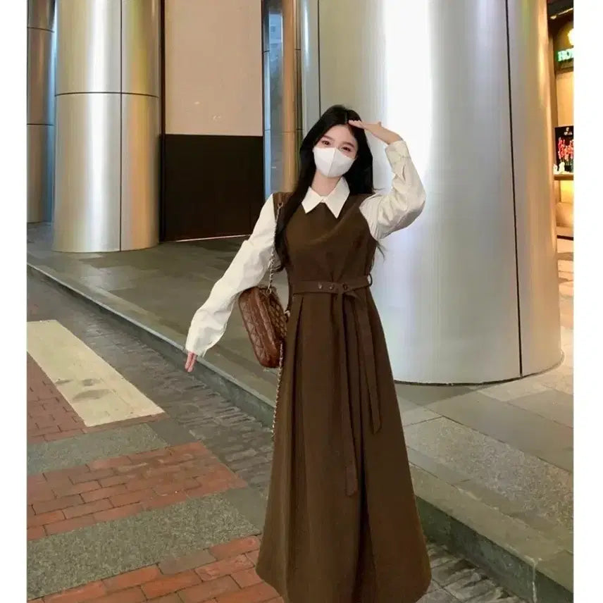 [BUNJANG] Brown Overall Dress and Blouse Set / 브라운 멜빵 원피스 + 블라우스 세트