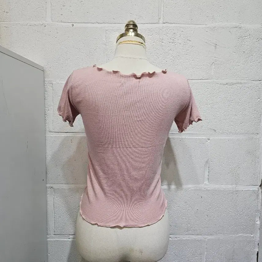 [BUNJANG] V-Neck Cropped T-Shirt - Pink / 앞셔링 반크롭 브이넥 반팔- 핑크