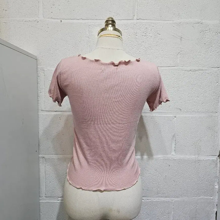 [BUNJANG] V-Neck Cropped T-Shirt - Pink / 앞셔링 반크롭 브이넥 반팔- 핑크