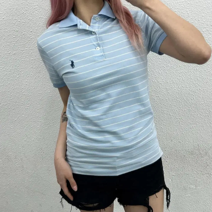 [BUNJANG] Polo Ralph Lauren Navy Pony Sky Blue Collar Short Sleeve Shirt XS / 폴로 랄프로렌 네이비포니 소라 카라반팔 XS