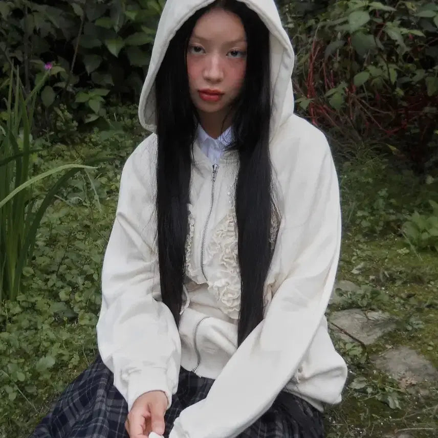 [BUNJANG] PlayUp Ruffle Zip Hoodie - Ivory 1 / 플레이업 Ruffle Zip Hoodie