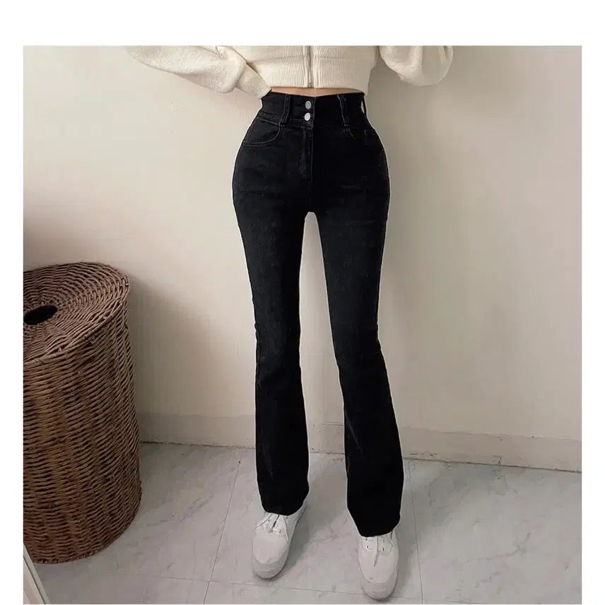 [BUNJANG] High-Waist Bootcut Denim Jeans / 키작녀 하이웨스트 부츠컷 골반핏 데님 팬츠 흑청 기모있음