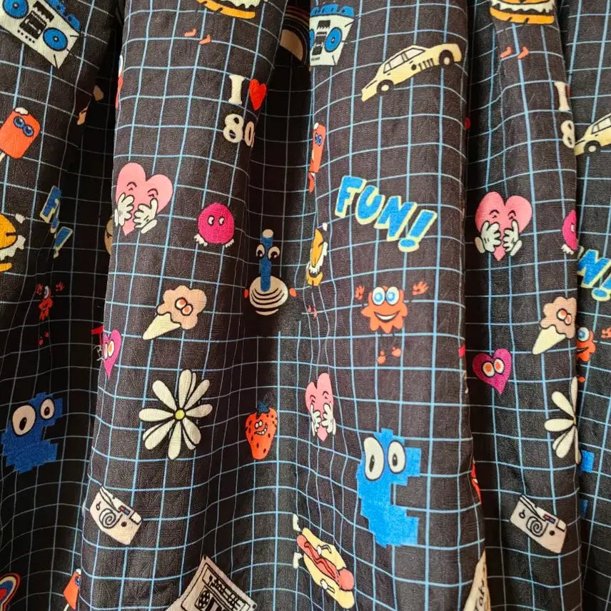 [BUNJANG] Kitsch Navy Flare Long Skirt / 체크게임캐릭터패턴키치네이비플레어스커트