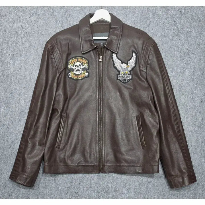 [BUNJANG] Songzio Vintage Harley Patch Custom Leather Jacket 110 Brown / 지오 송지오 빈티지 할리 패치 커스텀 양가죽 레더 자켓 110 브라운