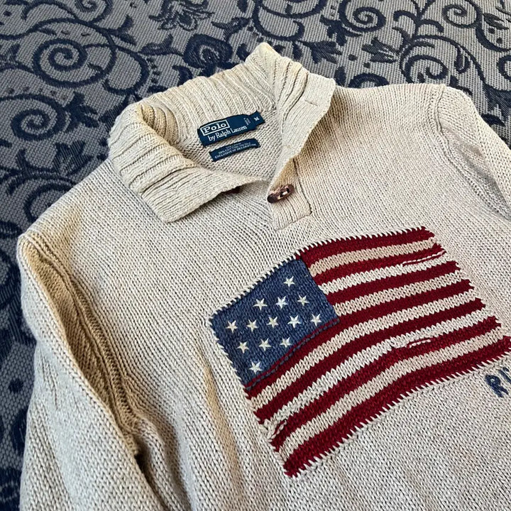 [BUNJANG] Polo Ralph Lauren US Flag Half-Button Knit Sweater / M 폴로 성조기 반버튼 니트/W2640