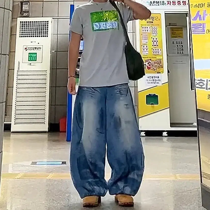 [BUNJANG] Kicheol Deep Oil Washed Balloon Denim Pants Blue L / 기철 딥 오일 워싱 벌룬 데님 팬츠 블루 L