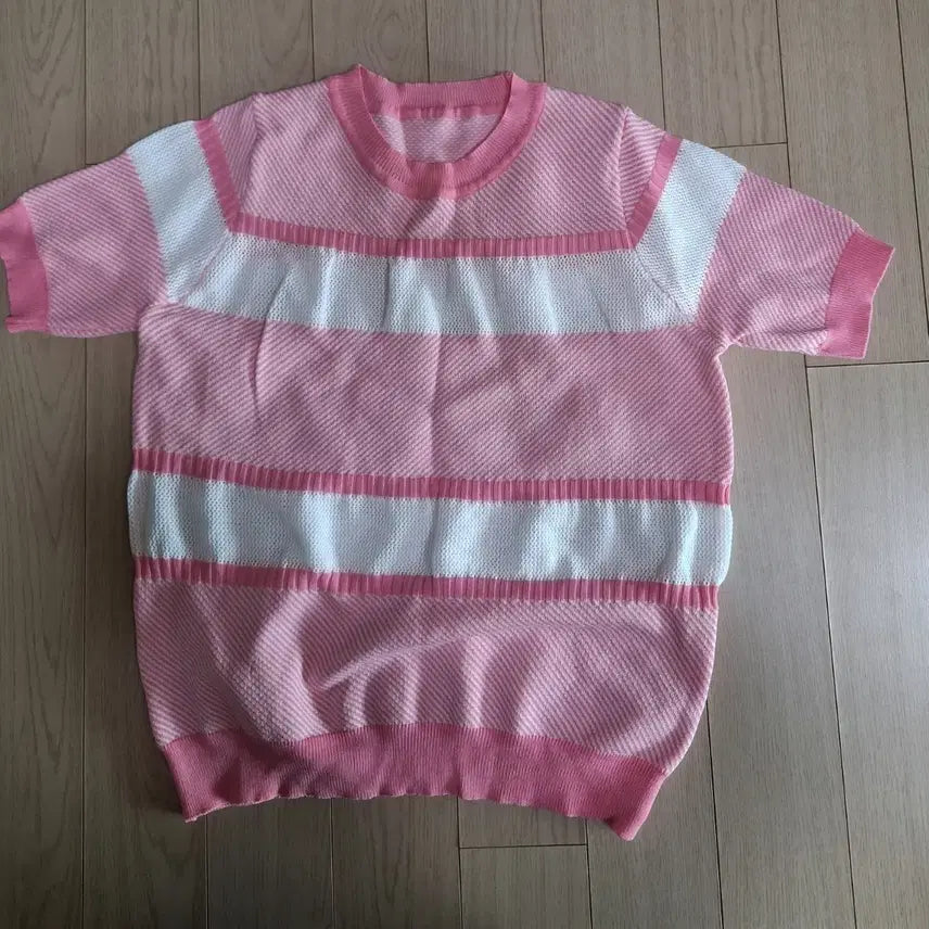 [BUNJANG] Pink and White Striped Short Sleeve Knit Top / 핑크/화이트 스트라이프 반팔 니트