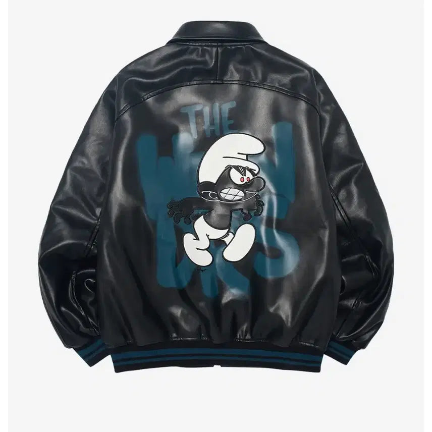 [BUNJANG] WKNDRS Smurfs Graphic Leather Jacket (M) / 위캔더스 스머프 그래픽 레더 자켓 M