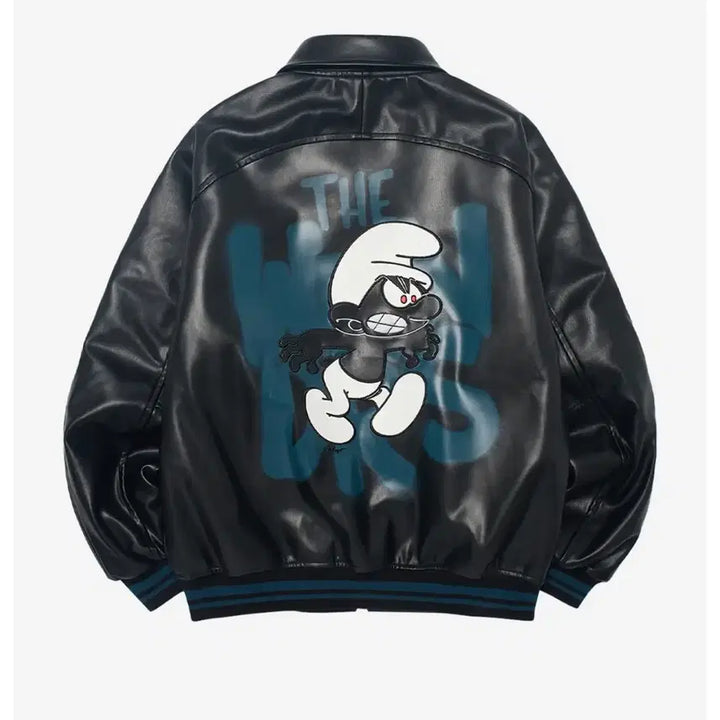 [BUNJANG] WKNDRS Smurfs Graphic Leather Jacket (M) / 위캔더스 스머프 그래픽 레더 자켓 M