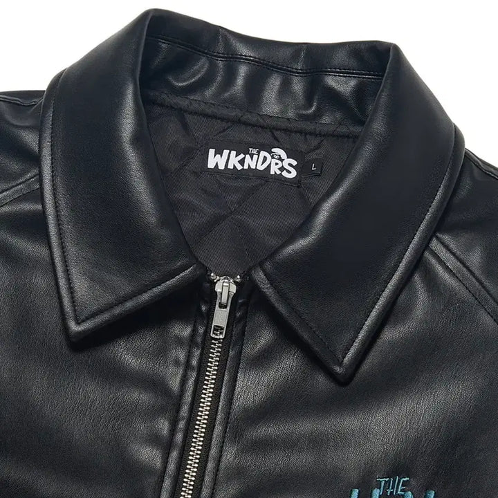 [BUNJANG] WKNDRS Smurfs Graphic Leather Jacket (M) / 위캔더스 스머프 그래픽 레더 자켓 M