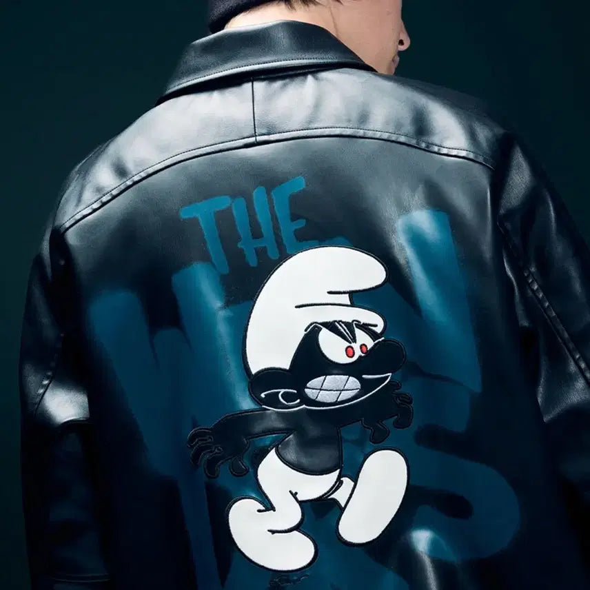 [BUNJANG] WKNDRS Smurfs Graphic Leather Jacket (M) / 위캔더스 스머프 그래픽 레더 자켓 M