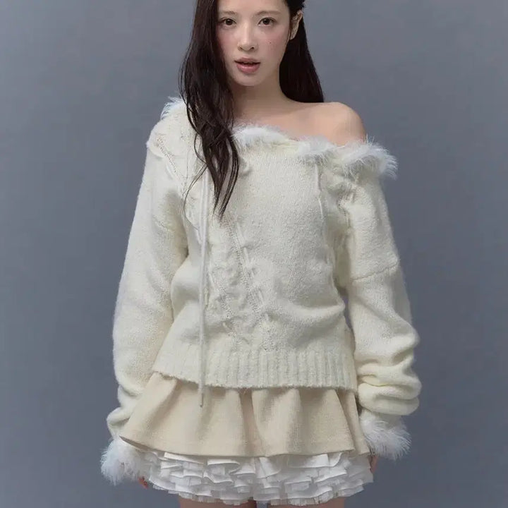 [BUNJANG] Thetis Off-Shoulder Angel Cable Knit Sweater / 더티스 Thetis 오프숄더 엔젤 케이블 니트