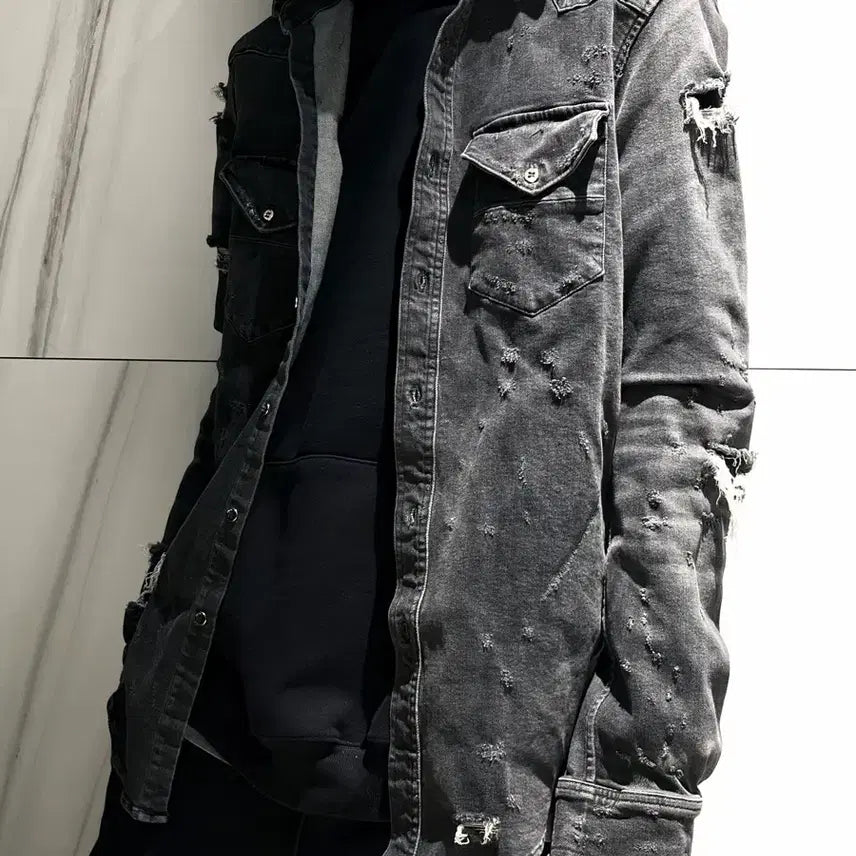 [BUNJANG] AMIRI Distressed Denim Shirt L / AMIRI 아미리 챠콜 디스트로이드 데님 셔츠 L