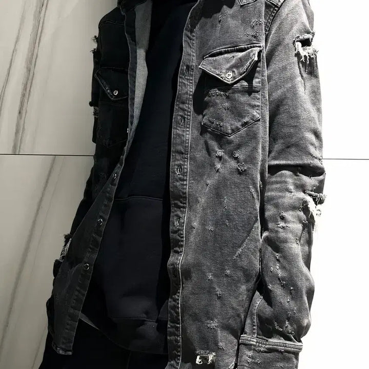 [BUNJANG] AMIRI Distressed Denim Shirt L / AMIRI 아미리 챠콜 디스트로이드 데님 셔츠 L