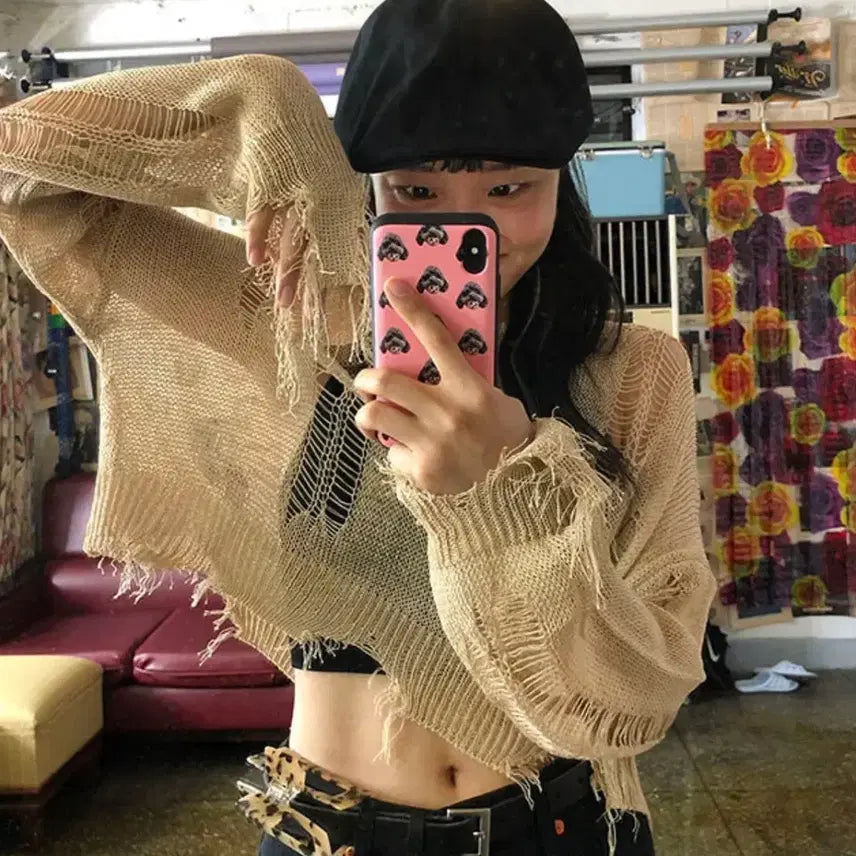[BUNJANG] Bohemian Damage Crop Knit - Beige / 반택)포함) 보헤미안 데미지 크롭 니트 베이지