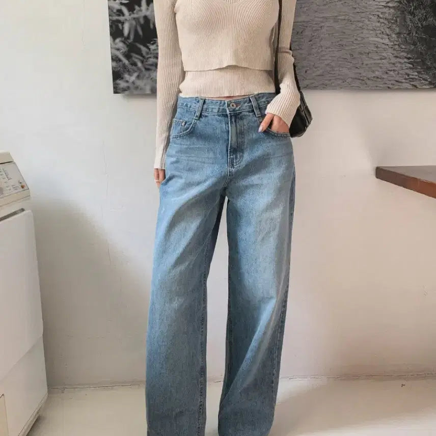 [BUNJANG] Three Quarter Mid-Wash Denim Jeans / 쓰리쿼터 와이드 봄 중청 데님